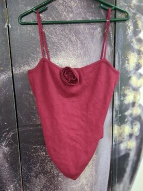 Le Lis Collection  Rose-Detail Burgundy Spaghetti Strap Bodysuit Size: M